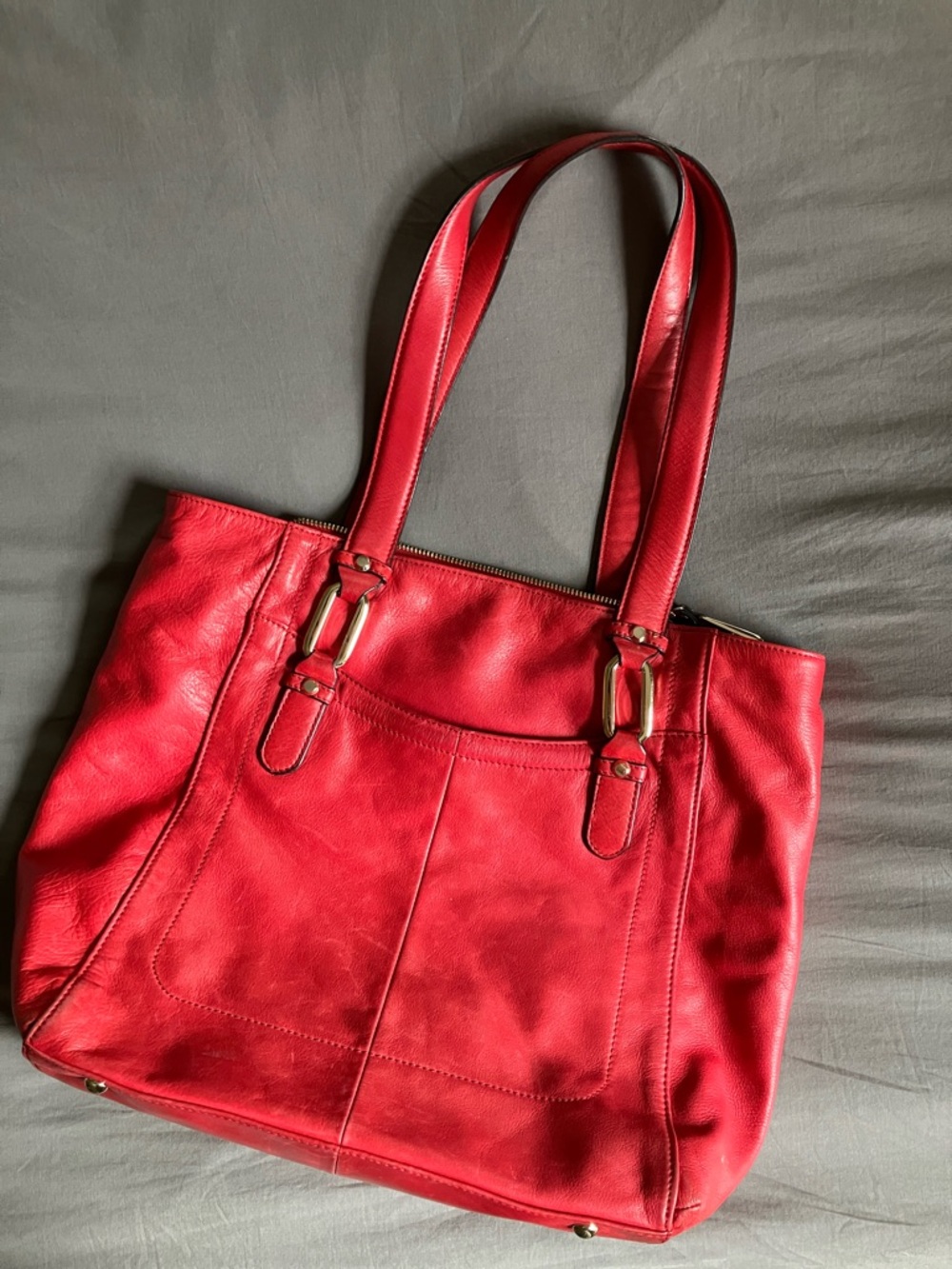 B. Makowsky Red Leather Tote with Double Shoulder Straps